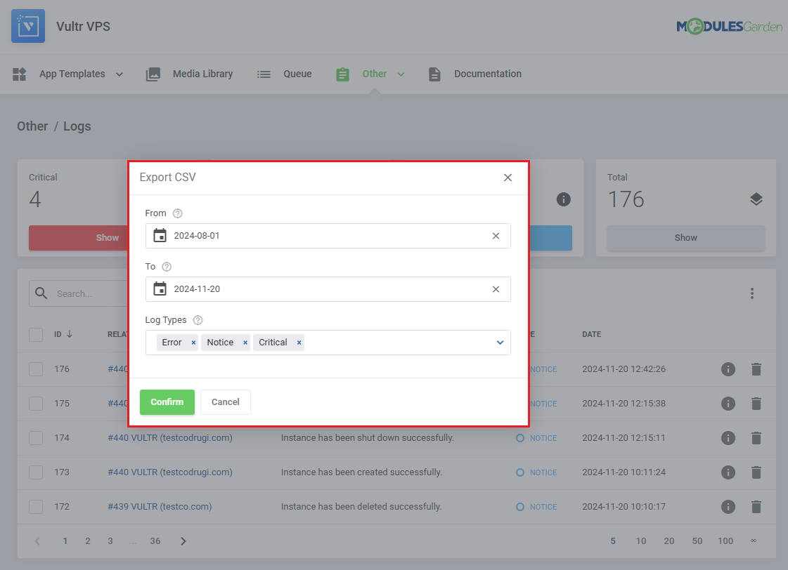 Vultr VPS For WHMCS: Logs Export CSV dialog with From and To dates and selected Log Types