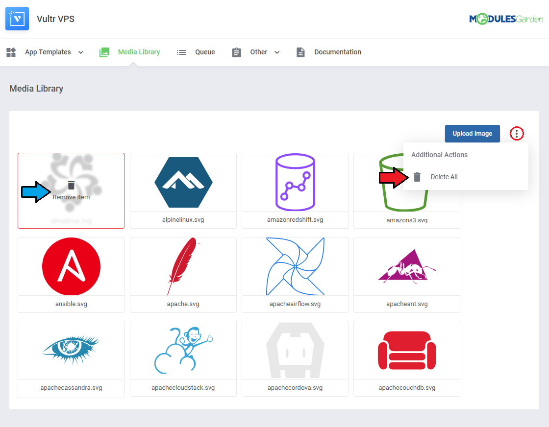 Vultr VPS For WHMCS: Media Library with the Remove Item button and the Delete All additional action
