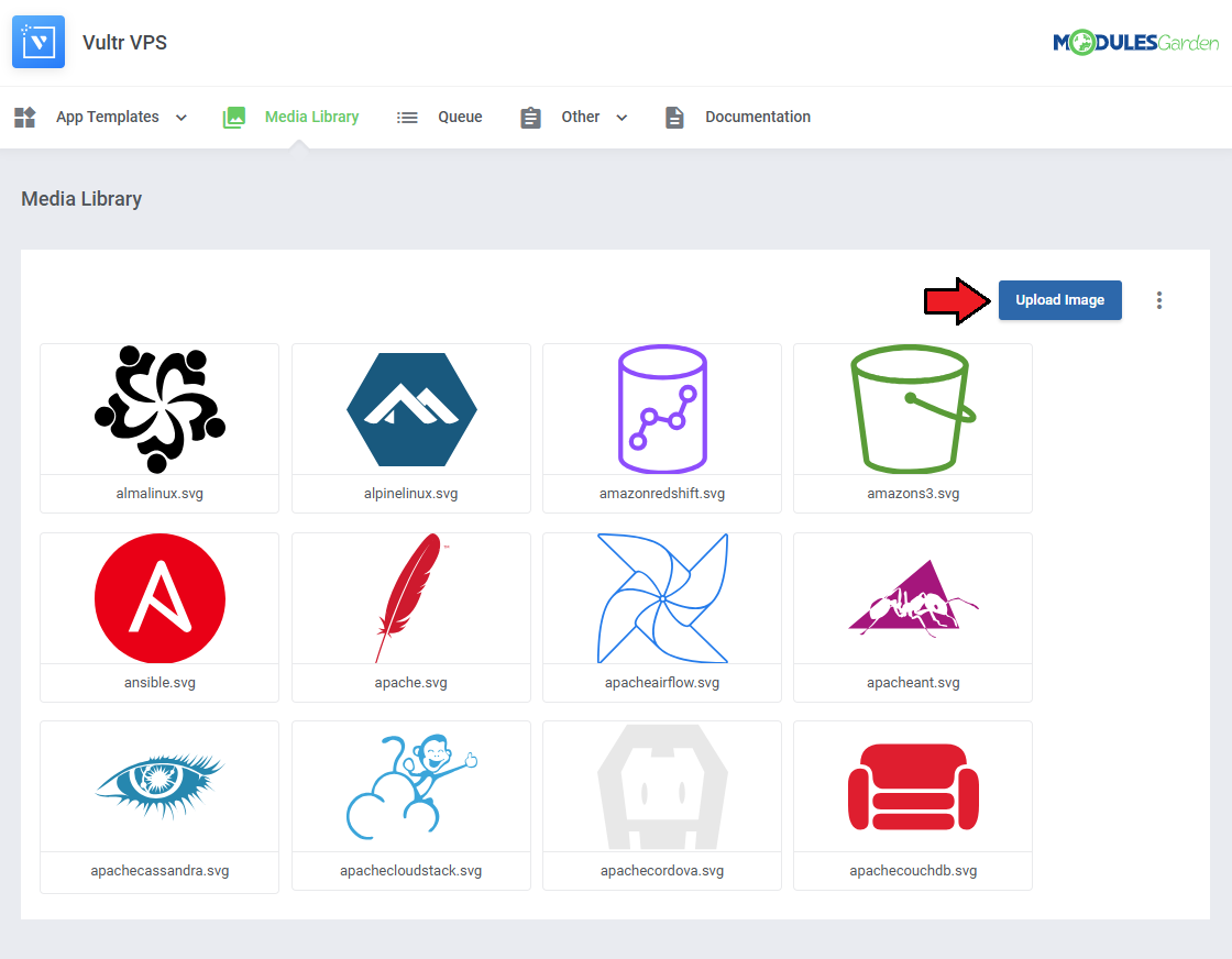 Vultr VPS For WHMCS: Media Library page with uploaded icons and the Upload Image button