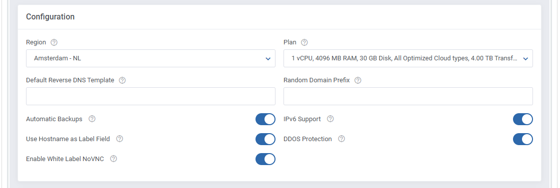 Vultr VPS For WHMCS: Configuration section with region, plan, backups, IPv6 and white label noVNC toggles