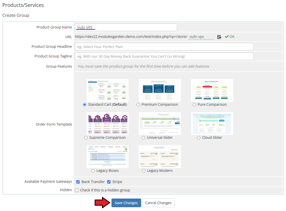 Vultr VPS For WHMCS: WHMCS Create Group form with the product group name and Save Changes