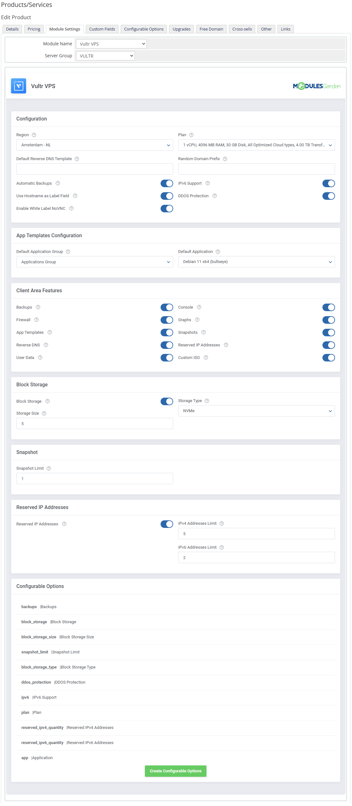 Vultr VPS For WHMCS: product Module Settings tab with Vultr VPS module and server group