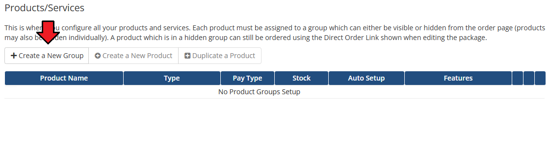 Vultr VPS For WHMCS: WHMCS Products/Services page with the Create a New Group button