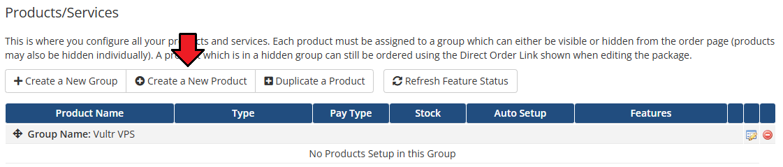 Vultr VPS For WHMCS: Products/Services page with the Create a New Product button