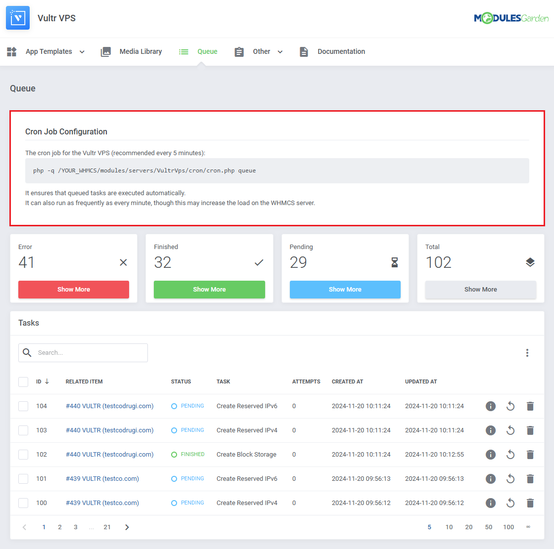 Vultr VPS For WHMCS: module Queue page with the cron job command and task list