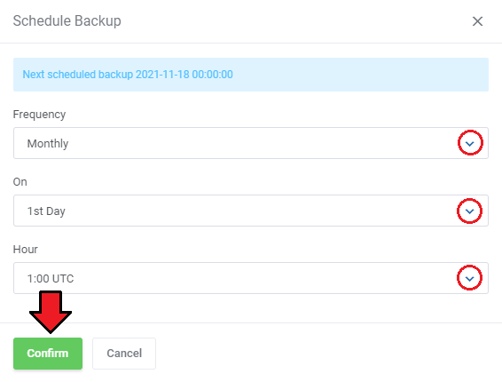 Vultr VPS For WHMCS: Schedule Backup dialog with Frequency, day and hour selection and the Confirm button