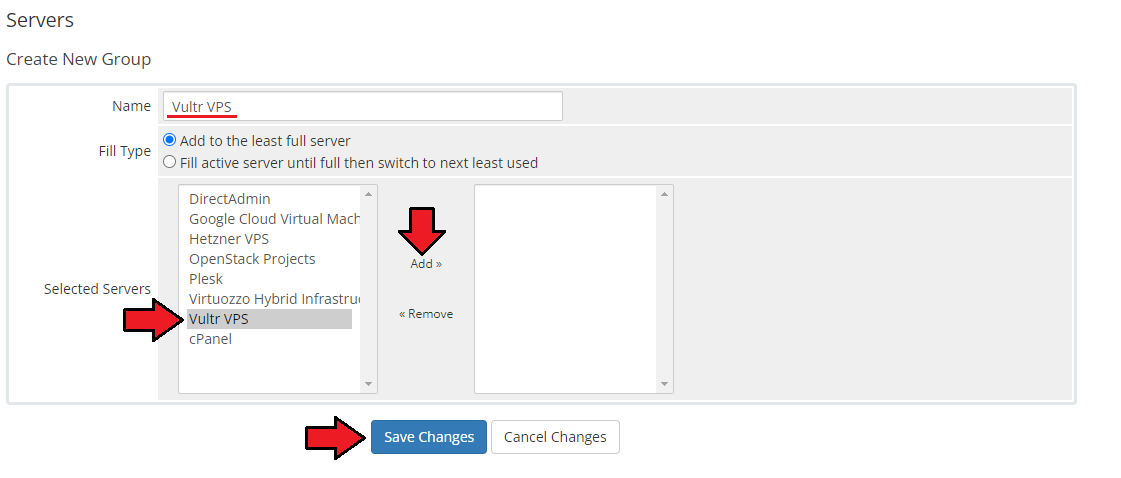 Vultr VPS For WHMCS: Create New Group form with the Vultr VPS server selected and added