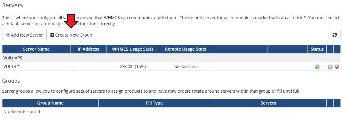Vultr VPS For WHMCS: WHMCS Servers page with the Create New Group button
