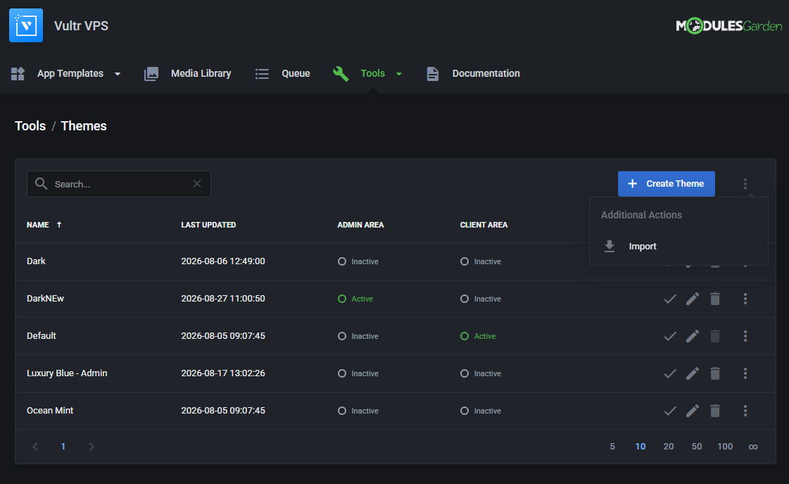Vultr VPS For WHMCS: Tools  Themes list in the dark theme with an active custom theme and the Import action