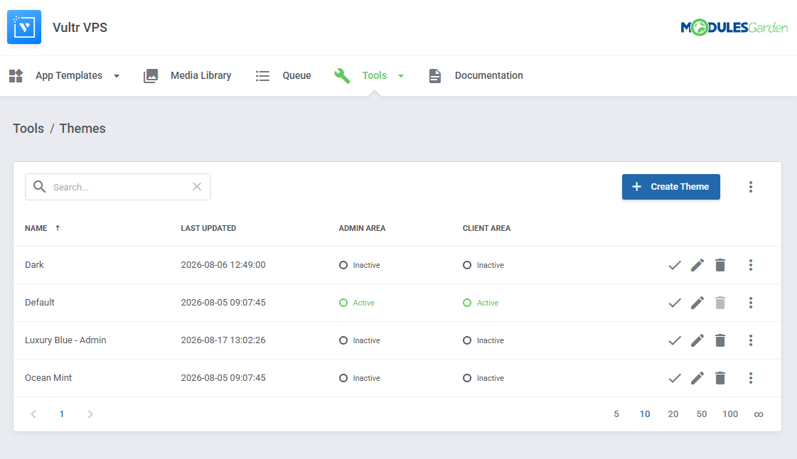 Vultr VPS For WHMCS: Tools  Themes list with Dark, Default, Luxury Blue and Ocean Mint themes and Create Theme button