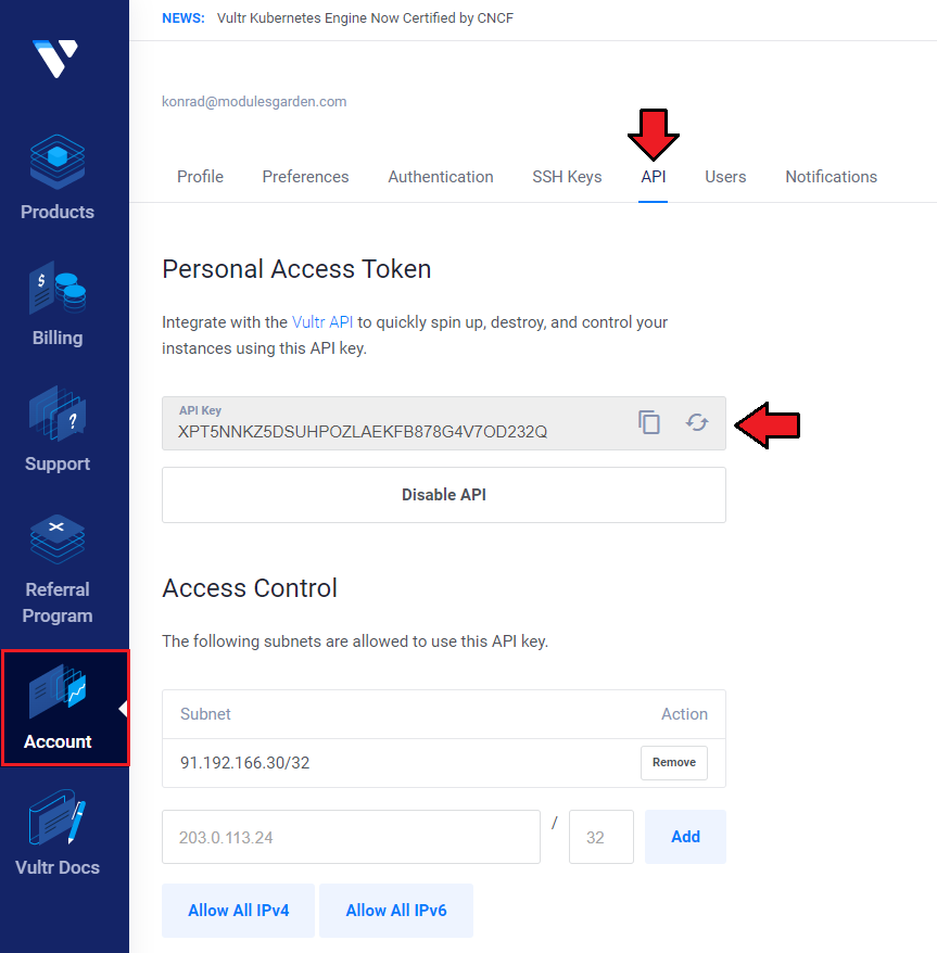 Vultr VPS For WHMCS: Vultr account API tab with the Personal Access Token and API key