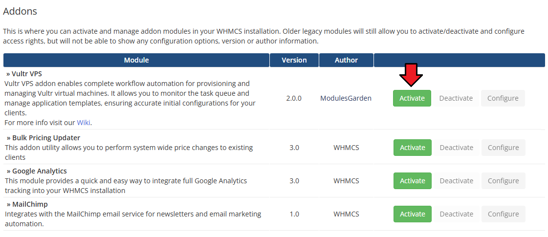 Vultr VPS For WHMCS: WHMCS Addon Modules list with the Vultr VPS Activate button