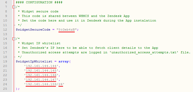 WHMCS Widget For Zendesk: customerinfo.php file with the widget secure code and the IP whitelist array to edit