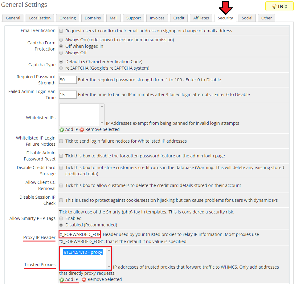 WHMCS Widget For Zendesk: WHMCS General Settings Security tab with Proxy IP Header and Trusted Proxies fields