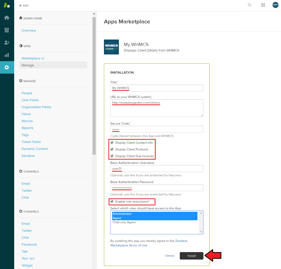 WHMCS Widget For Zendesk: Zendesk app installation form with WHMCS URL, secure code, display options and Install