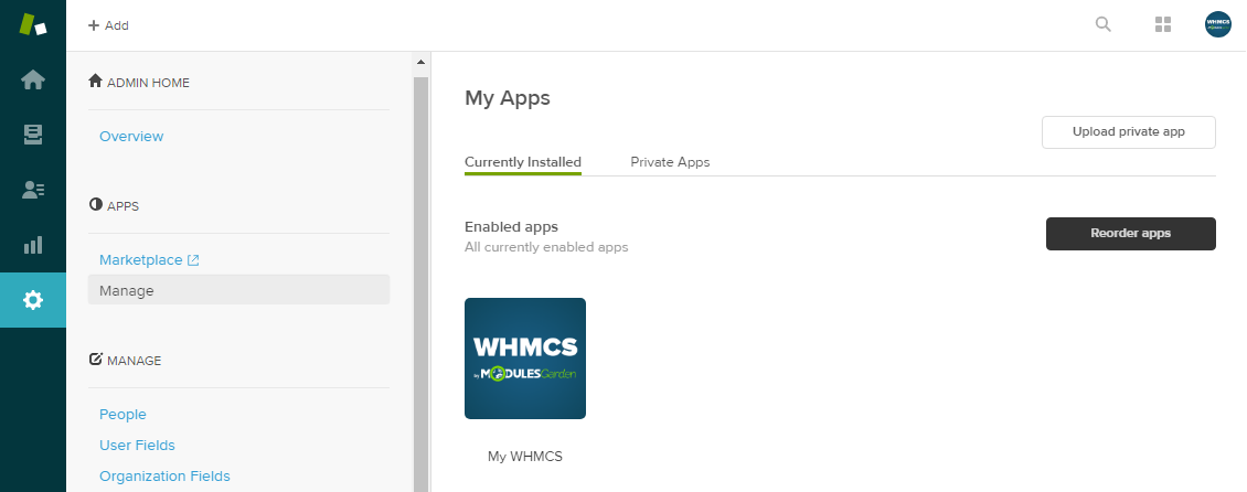WHMCS Widget For Zendesk: Zendesk My Apps page with the My WHMCS app listed as installed and enabled