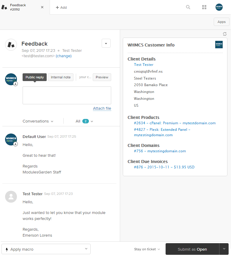 WHMCS Widget For Zendesk: Zendesk ticket with the WHMCS Customer Info panel showing client details, products and