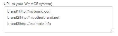 WHMCS Widget For Zendesk: Zendesk URL field filled with several brandname and URL pairs for Multibrand