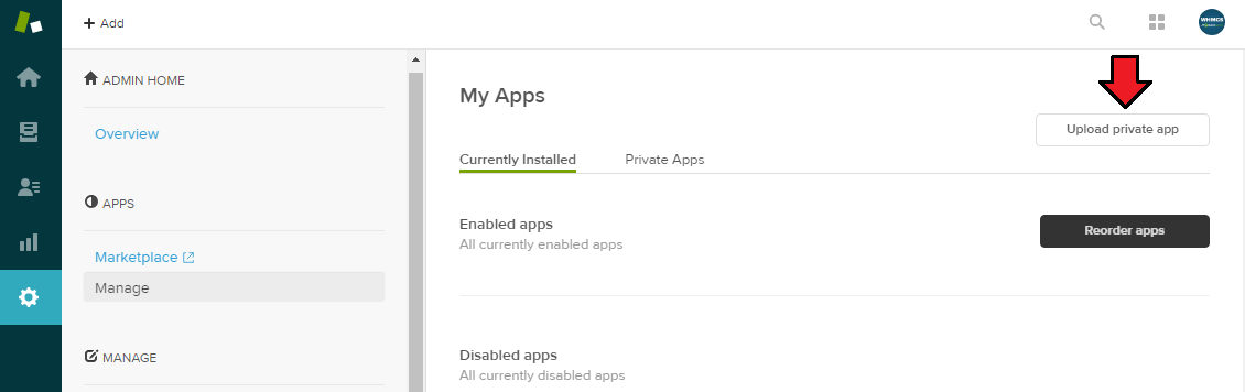 WHMCS Widget For Zendesk: Zendesk admin area My Apps page with the Upload private app button