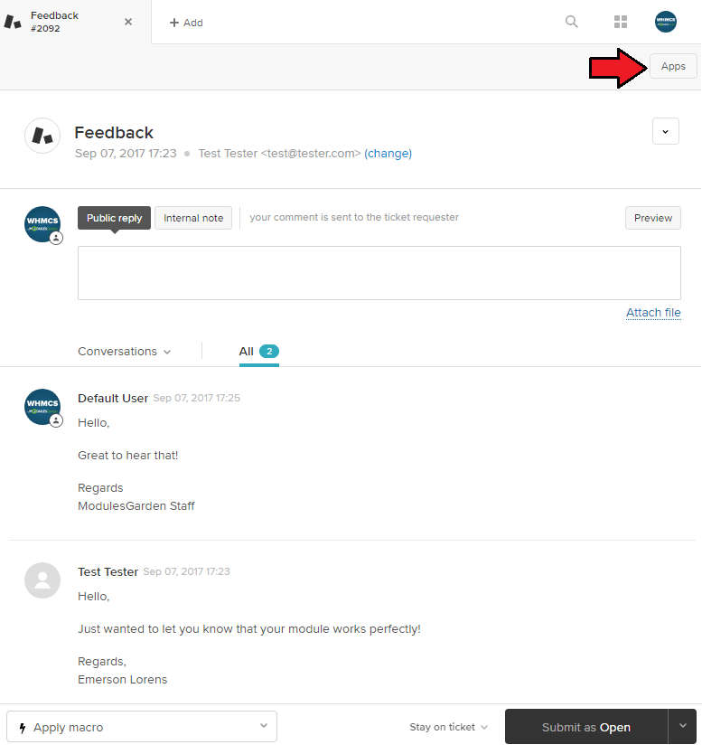 WHMCS Widget For Zendesk: Zendesk ticket view with the Apps button highlighted in the top right corner