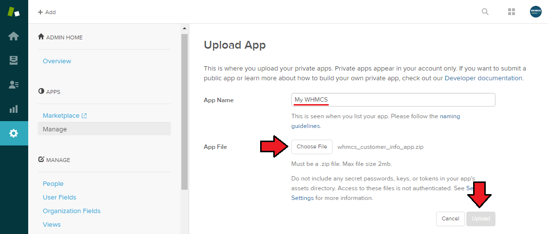 WHMCS Widget For Zendesk: Zendesk Upload App form with App Name, App File selection and Upload button