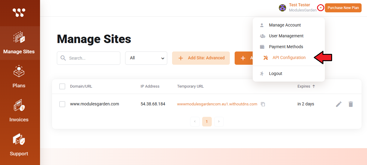 WithoutDNS For WHMCS: WithoutDNS Manage Sites page with the account dropdown menu and API Configuration option
