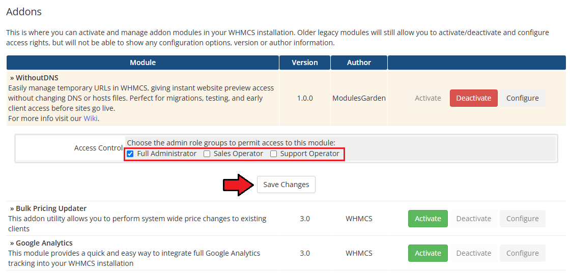 WithoutDNS For WHMCS: WHMCS Addons list with Access Control admin role checkboxes and the Save Changes button