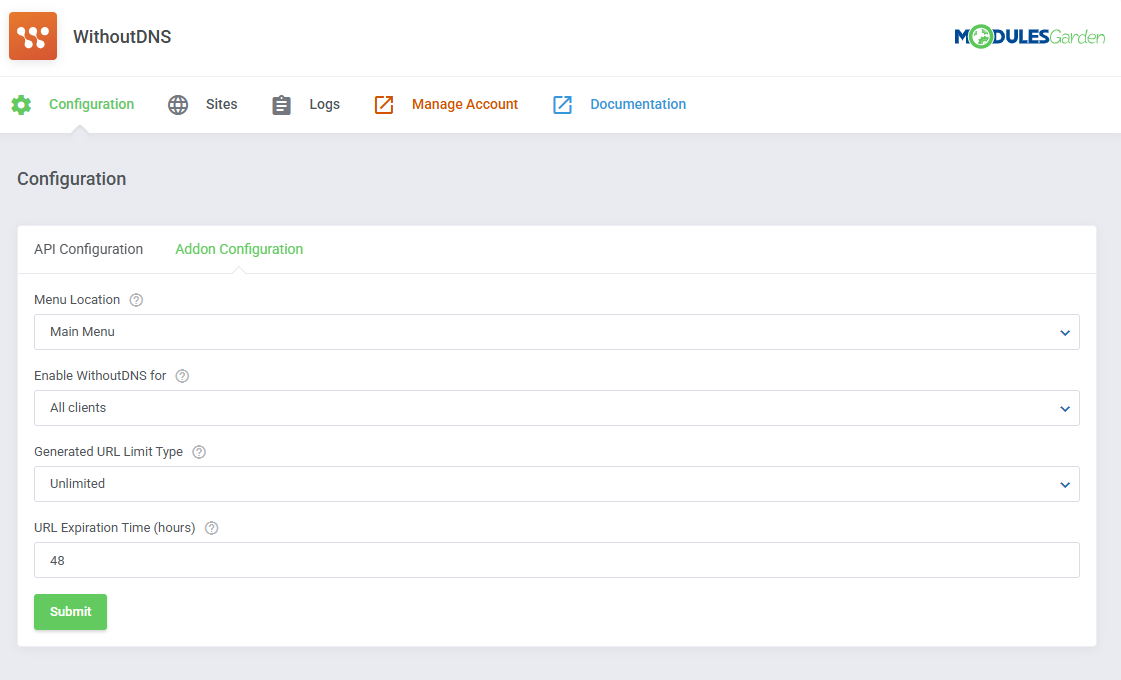 WithoutDNS For WHMCS: module Addon Configuration tab with menu location, client access, URL limit and expiration fields