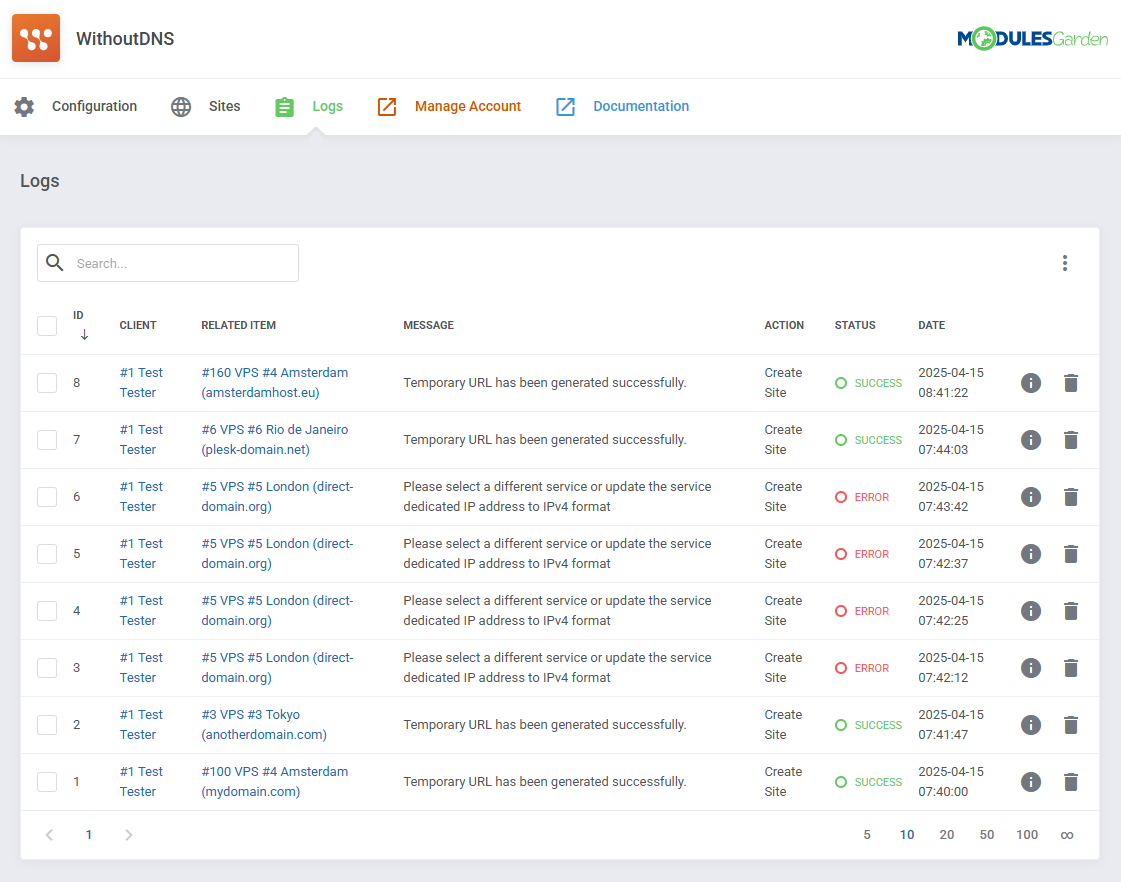 WithoutDNS For WHMCS: WHMCS admin Logs tab listing URL creation entries with success and error status