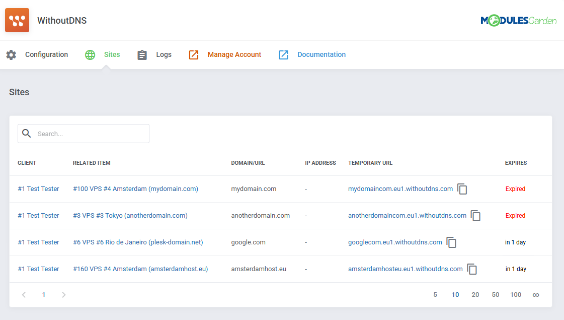 WithoutDNS For WHMCS: WHMCS admin Sites tab listing clients, related services, domains, temporary URLs and expiry