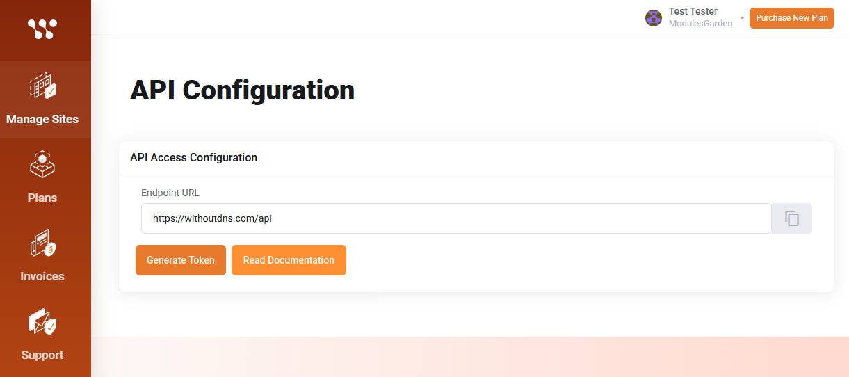WithoutDNS For WHMCS: WithoutDNS API Configuration page with the endpoint URL and the Generate Token button