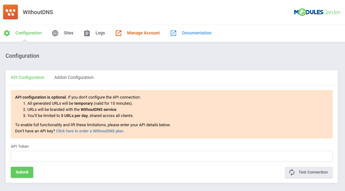 WithoutDNS For WHMCS: module API Configuration tab with the API Token field, Submit and Test Connection buttons
