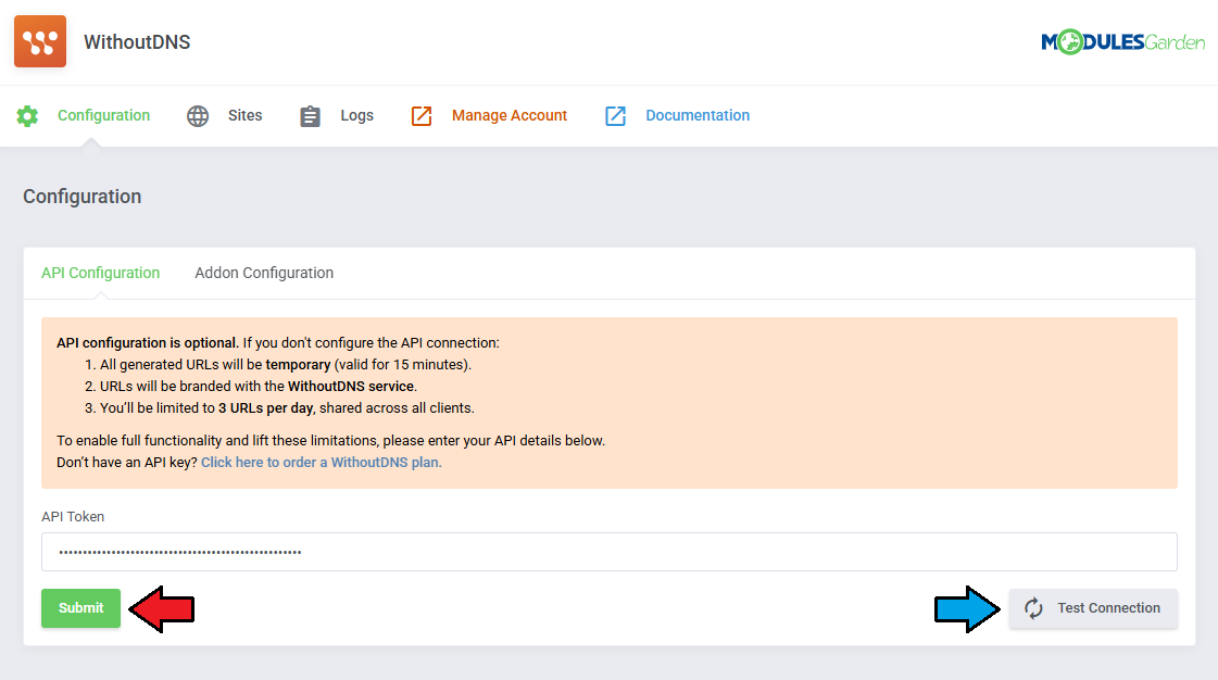 WithoutDNS For WHMCS: module API Configuration tab with a pasted API token, Submit and Test Connection buttons