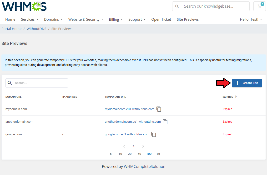 WithoutDNS For WHMCS: client area Site Previews page with the Create Site button highlighted above the URL list