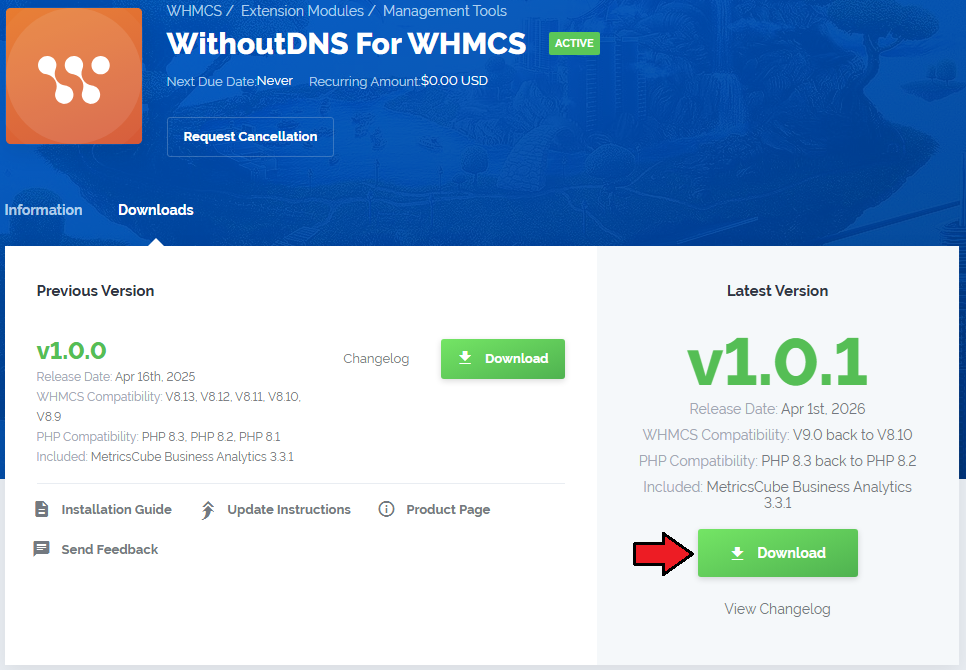 WithoutDNS For WHMCS: WHMCS client area product page Downloads tab with the Download button for the latest module