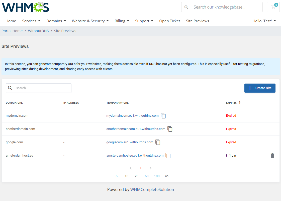 WithoutDNS For WHMCS: client area Site Previews list with a new temporary URL and a delete icon in the Actions column