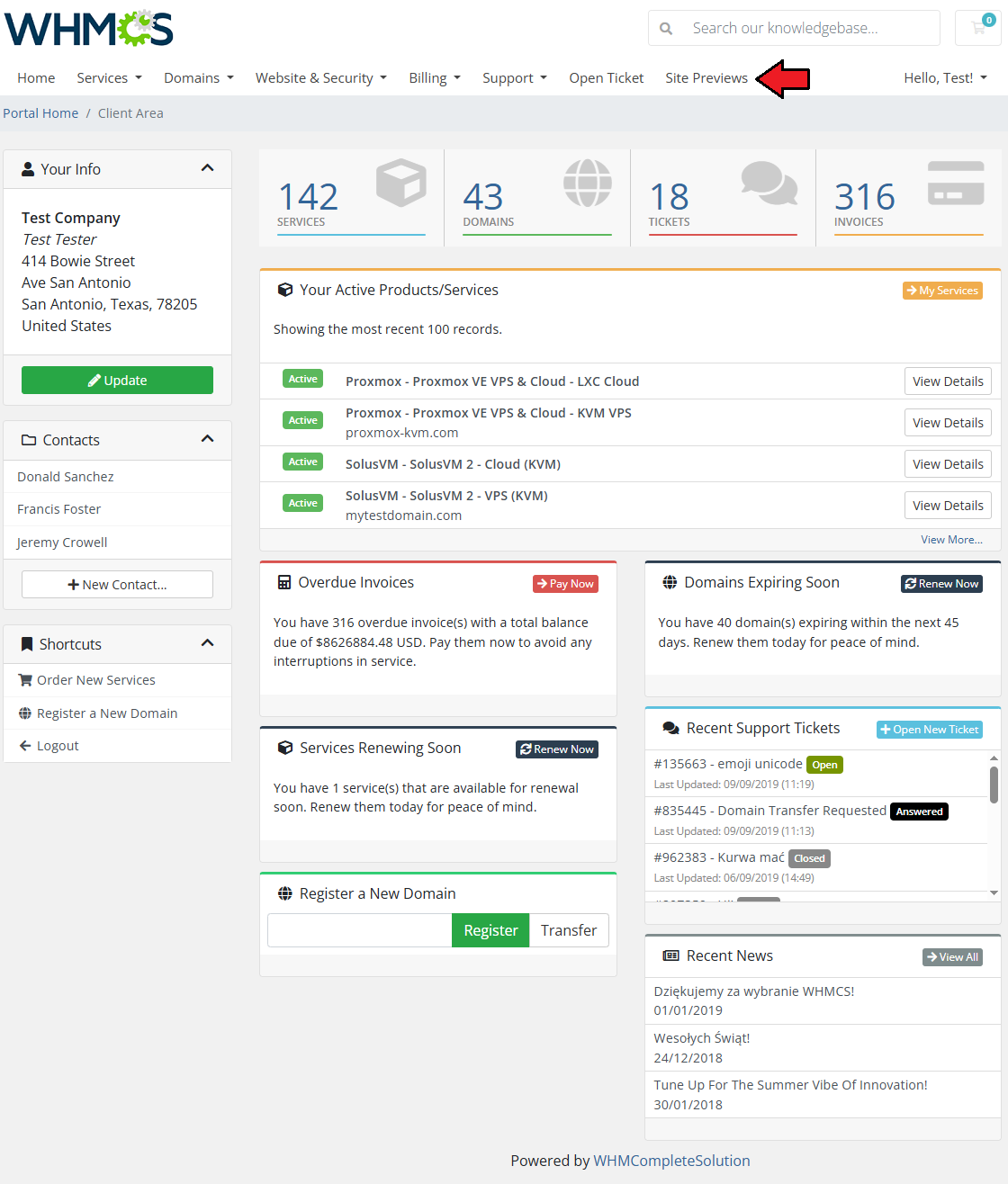 WithoutDNS For WHMCS: WHMCS client area home page with the Site Previews menu item highlighted
