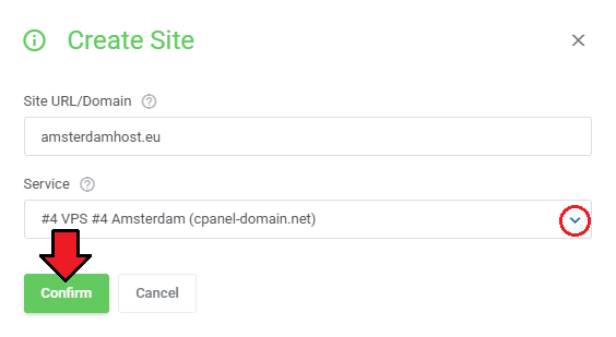 WithoutDNS For WHMCS: Create Site dialog with Site URL/Domain and Service fields and the Confirm button