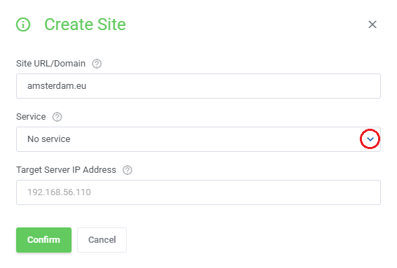 WithoutDNS For WHMCS: Create Site dialog with Site URL/Domain, Service set to No service and Target Server IP Address