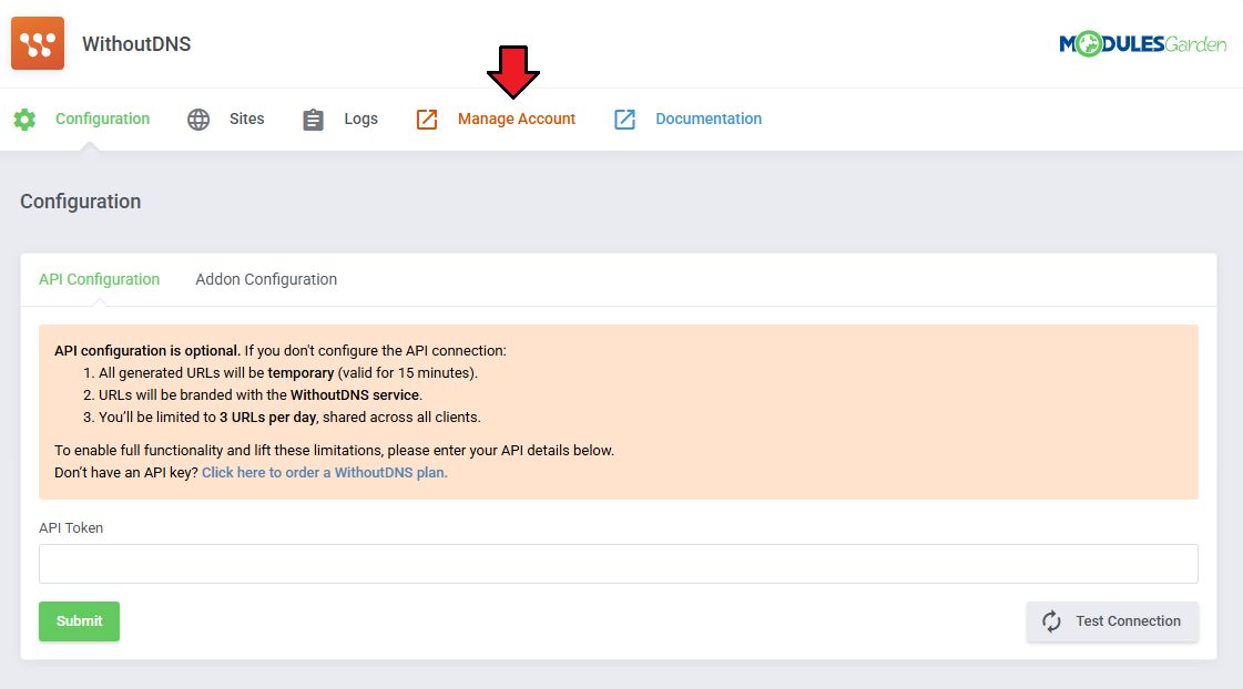 WithoutDNS For WHMCS: module Configuration page in WHMCS admin with the Manage Account menu item highlighted