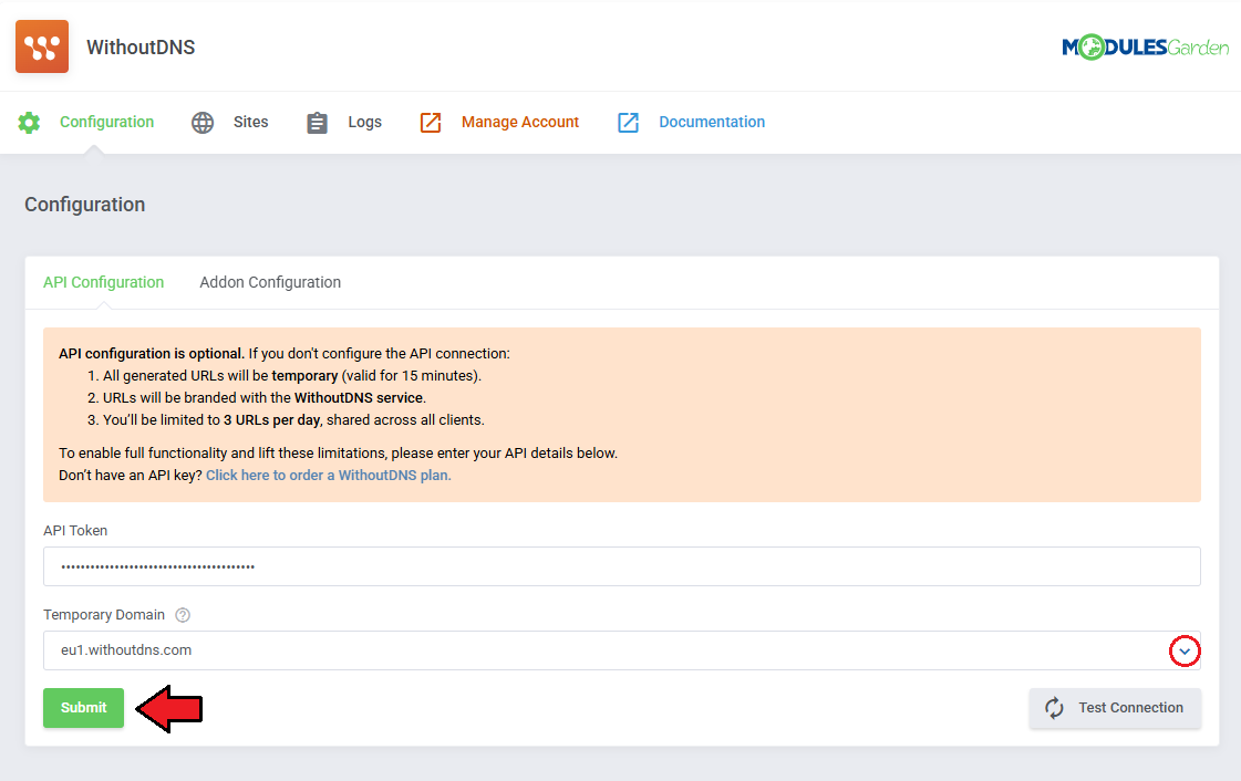WithoutDNS For WHMCS: module API Configuration tab with the Temporary Domain dropdown set to eu1.withoutdns.com