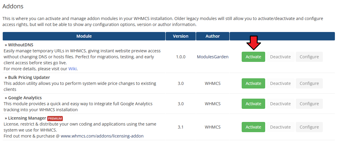 WithoutDNS For WHMCS: WHMCS Addons list with the WithoutDNS module and the Activate button highlighted