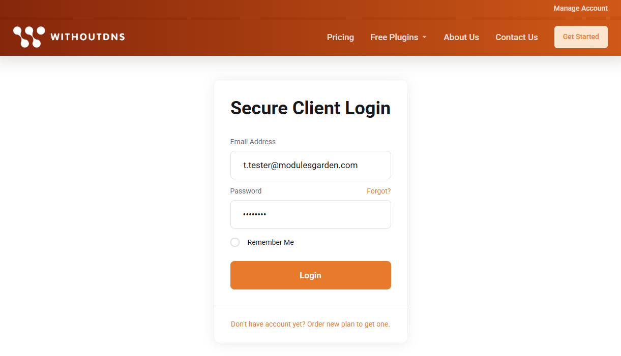 WithoutDNS For WHMCS: WithoutDNS Secure Client Login page with email and password fields and the Login button