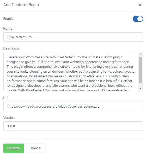 WordPress Manager For WHMCS: Add Custom Plugin dialog with name, description, download URL and version fields