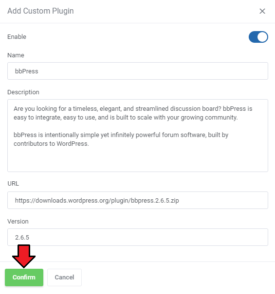 WordPress Manager For WHMCS: Add Custom Plugin dialog with Name, Description, URL, Version fields and Confirm button
