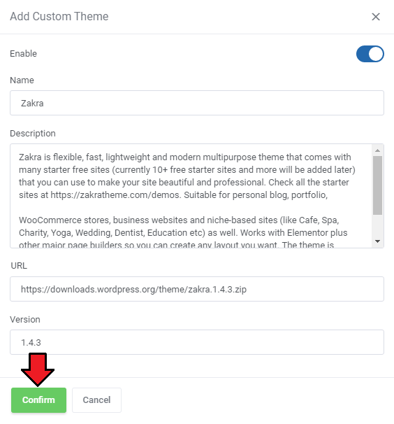WordPress Manager For WHMCS: Add Custom Theme dialog with name, description, download URL and version fields