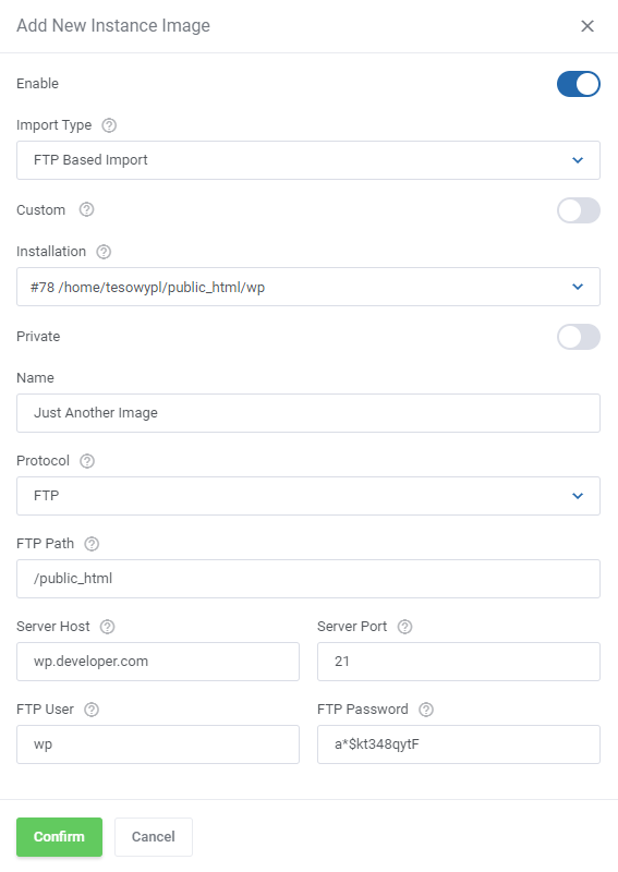 WordPress Manager For WHMCS: Add New Instance Image dialog set to FTP Based Import with FTP path, host, user and