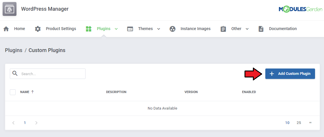 WordPress Manager For WHMCS: module addon Custom Plugins page with the Add Custom Plugin button marked