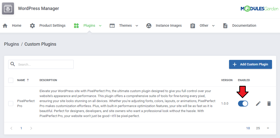 WordPress Manager For WHMCS: module addon Custom Plugins list with the custom plugin enabled toggle marked