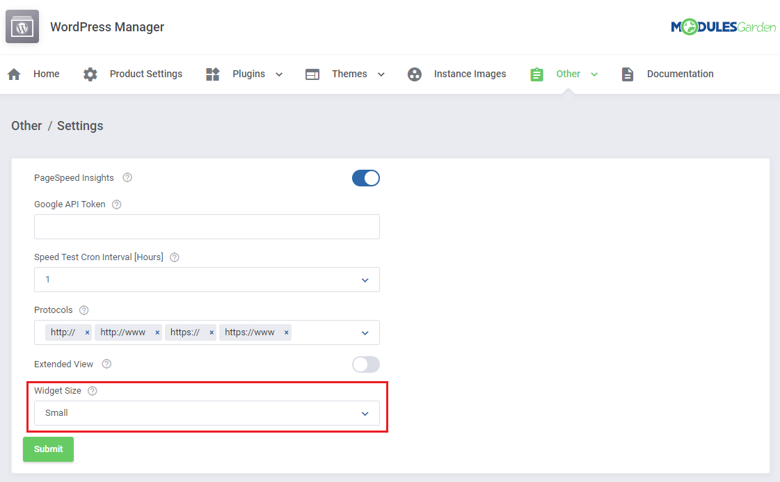 WordPress Manager For WHMCS: module addon Other Settings page with the Widget Size dropdown set to Small